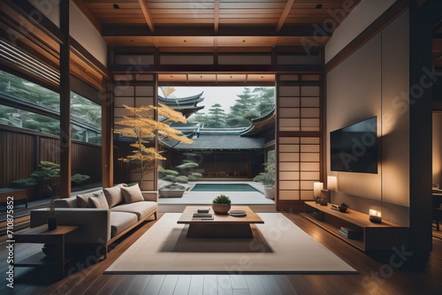 Japanese zen style home interior design of modern living room at night photo