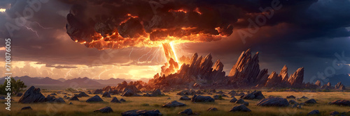 Illustration of a volcano eruption with dark clouds, fire and rocks