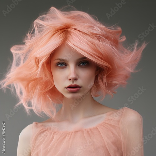 A woman portrait with hair and cloth in the Peach Fuzz color