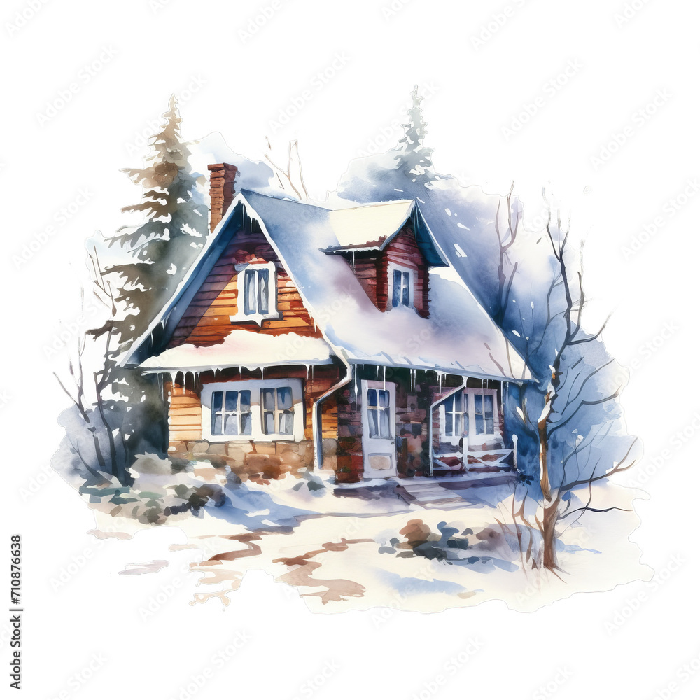 Winterwaldhütte Aquarell Gemütliches Schneehaus Malerei Winterliche Landschaftsbild Naturverbundene Wandkunst Idyllische Frostdeko