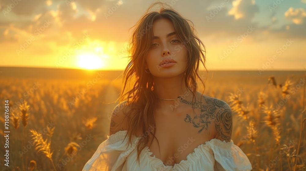 Woman with white dress, brown hair and many tattoos. Walking in a field Woman with white dress, brown hair and many tattoos. Walking in a field