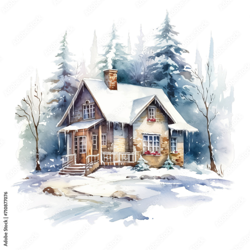 Naklejka premium Winterwaldhütte Aquarell Gemütliches Schneehaus Malerei Winterliche Landschaftsbild Naturverbundene Wandkunst Idyllische Frostdeko