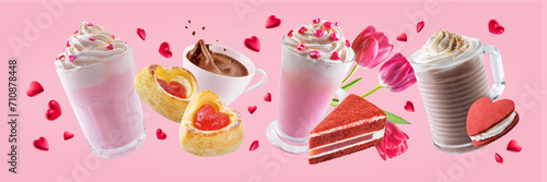 Pink holidays background with hot chocolate or coffee and sweets, like cake; whoopies and hearts for Valentine's day photo