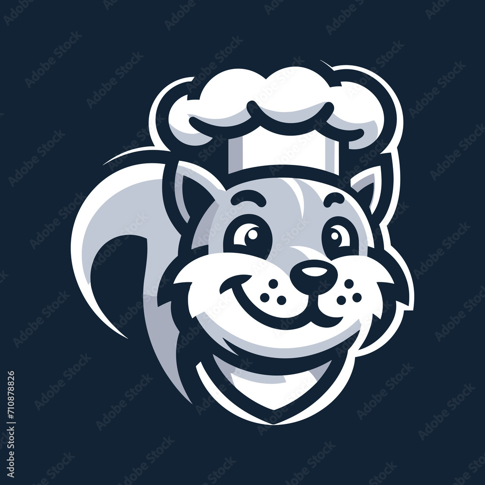 Minimalistic mascot logo of a toque-wearing squirrel chef