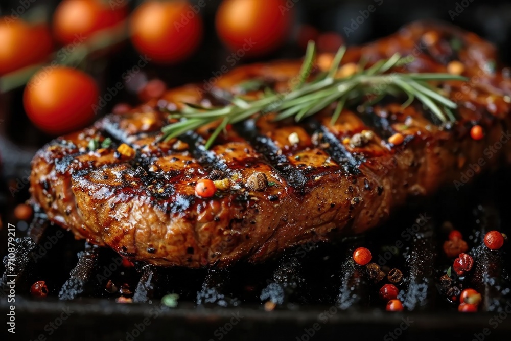 Gourmet steak perfection: A juicy, rare fillet seasoned with rosemary, served on a wooden board. Gourmet steak perfection: A juicy, rare fillet seasoned with rosemary, served on a wooden board.