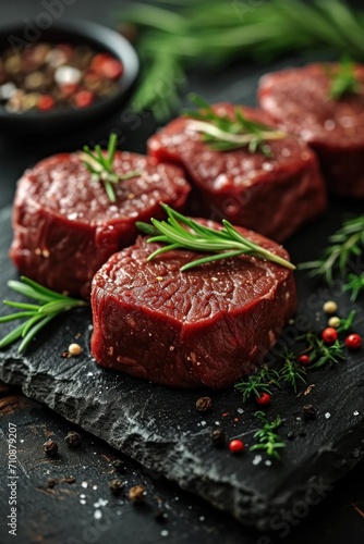 Raw beef perfection: A fillet with rosemary, pepper, and salt, ready for gourmet cooking on a wooden board.
