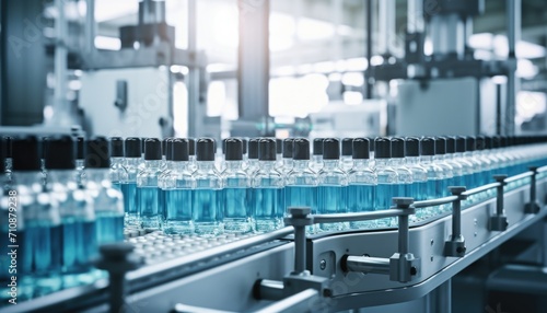 Pharma factory with conveyor line glass bottles