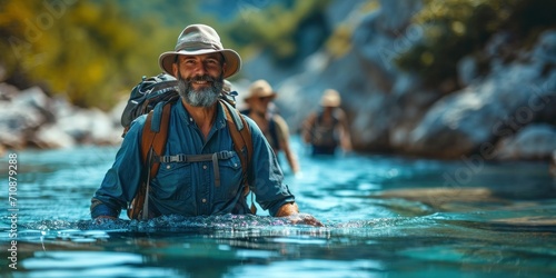 Adventurous man exploring a scenic river, enjoying nature's beauty and outdoor activities.