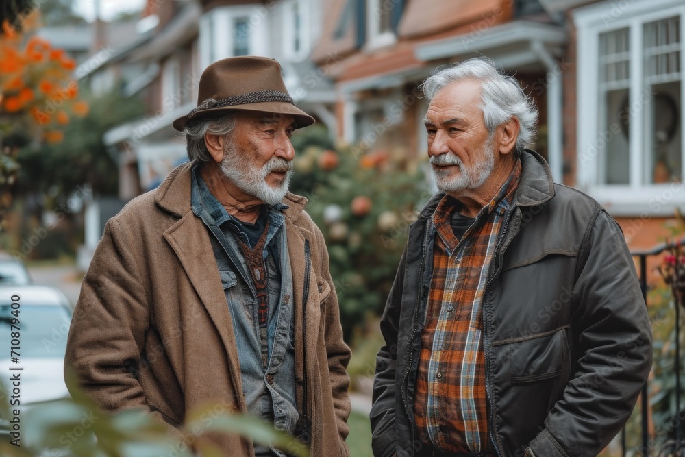 Neighbors, a cheerful men, enjoying outdoor conversation by the house fence in autumn. Neighbors, a cheerful men, enjoying outdoor conversation by the house fence in autumn.