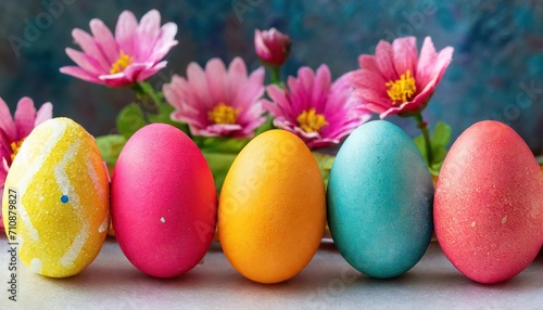 Row of colorfully painted Easter eggs 