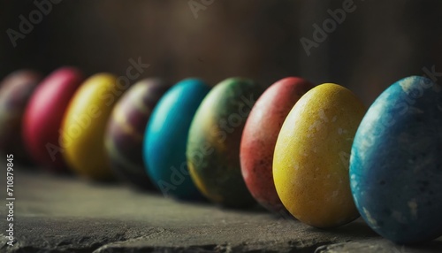 Row of colorfully painted Easter eggs 