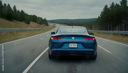  a dynamic rear view of a sleek blue business car navigating a sharp turn on a high-speed highway