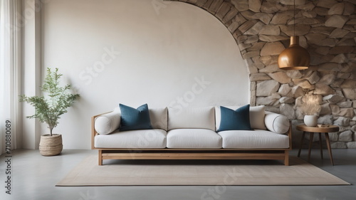 Rustic wooden sofa against of white wall with stone or stucco decorative round shape. Interior design of modern living room © Marko