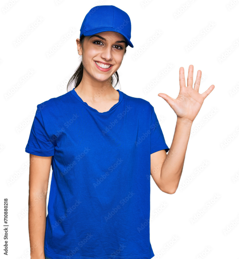 Young hispanic girl wearing delivery courier uniform showing and pointing up with fingers number five while smiling confident and happy. Young hispanic girl wearing delivery courier uniform showing and pointing up with fingers number five while smiling confident and happy.