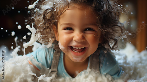The little girl laughs. Splash of milk.