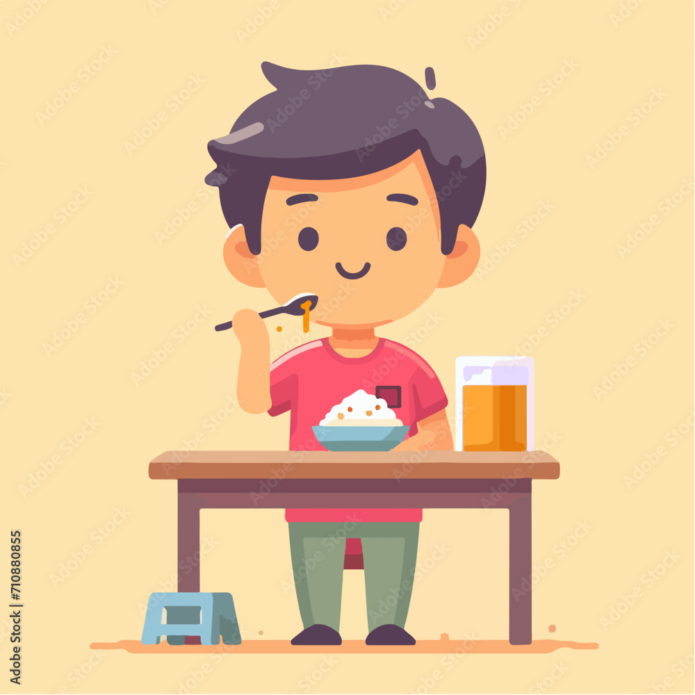 A cute boy character is eating with a simple and minimalist flat design style