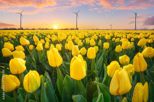 Low angle view on yellow tulips field in flower during springtime with wind turbines in a beautiful sunset in the Netherlands, Agrivoltaic and agriwind low impact energy concepts, Netherlands