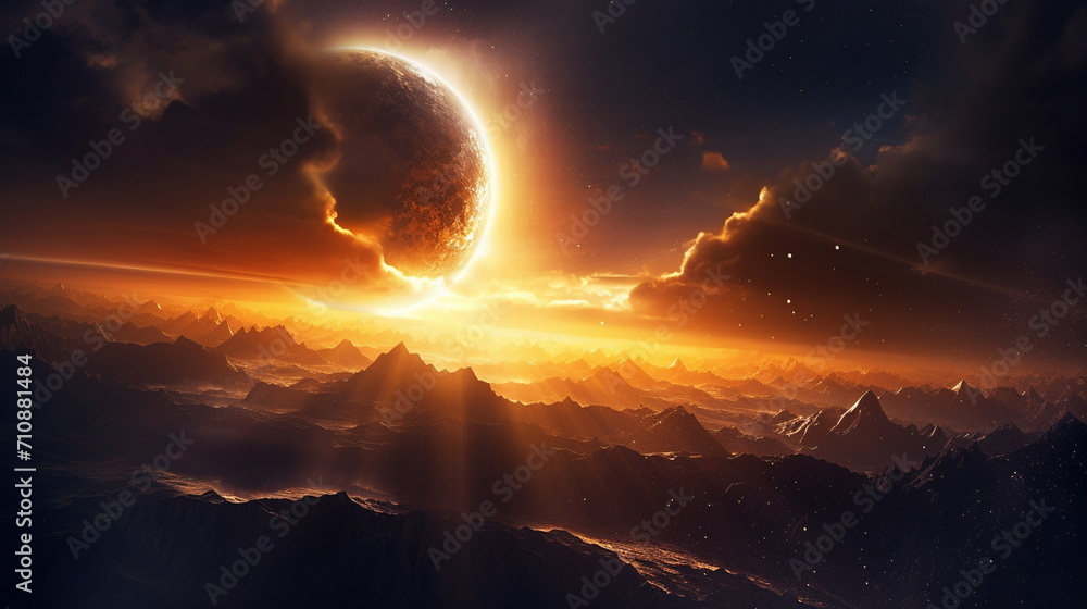 sunset in the mountains on another planet