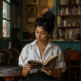  hispanic woman reading a book in a cafe