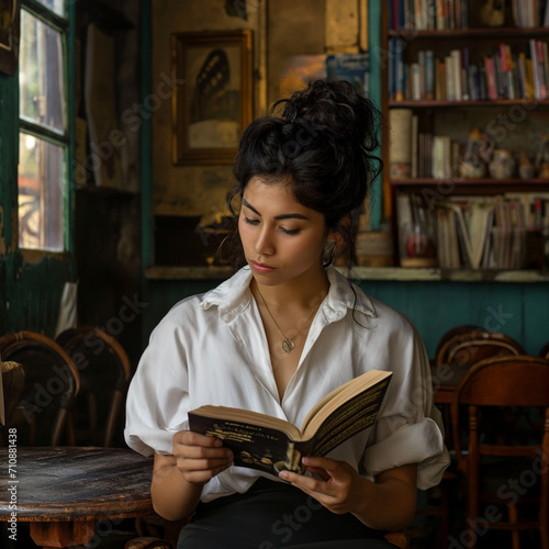  hispanic woman reading a book in a cafe