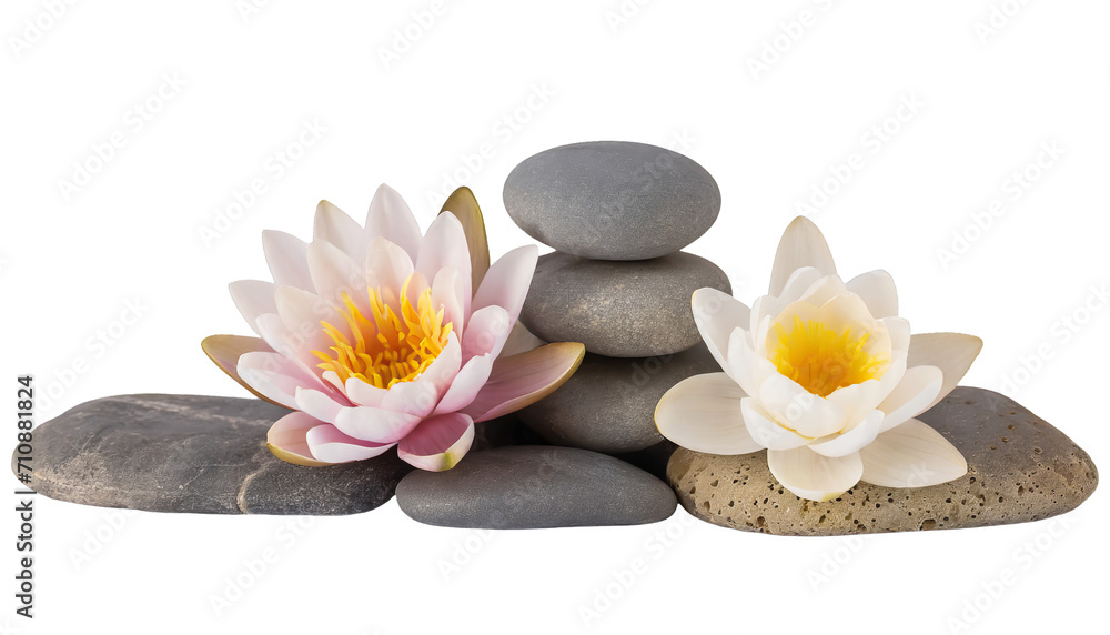 Tranquil spa stones complement lotus blooms - isolated Tranquil spa stones complement lotus blooms - isolated