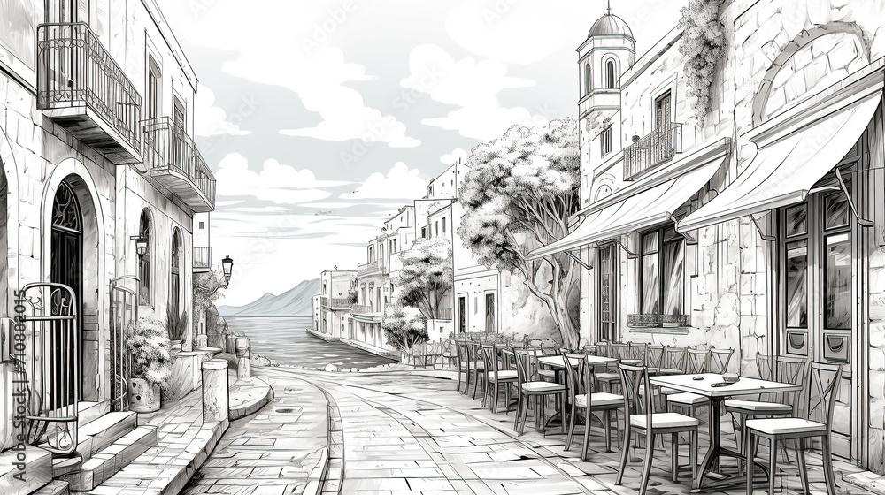 Street cafe with tables and chairs near the sea in some old Mediterranean city. Sketch illustration for coloring book. - obrazy, fototapety, plakaty 