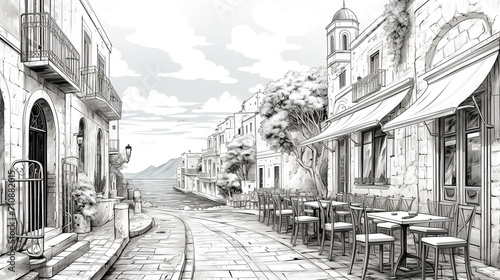 Street cafe with tables and chairs near the sea in some old Mediterranean city. Sketch illustration for coloring book. photo