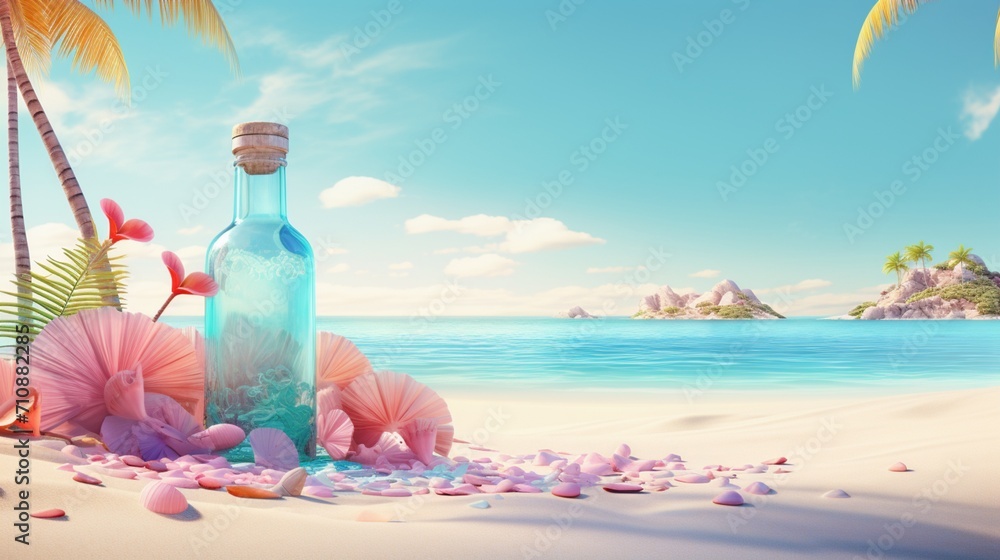 A vibrant, tropical beach scene with a glass bottle and a heartfelt note resting on the colorful sands, as palm trees sway in the breeze. A vibrant, tropical beach scene with a glass bottle and a heartfelt note resting on the colorful sands, as palm trees sway in the breeze.