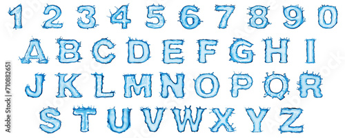 Alphabet water, letters and numbers. 36 characters. All capital latin letters. A sans serif bold font with water splashes. Isolated. Transparent. Alpha channel.