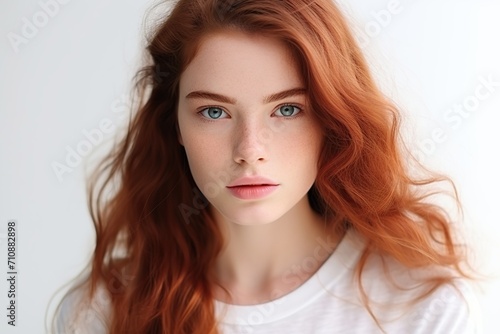 Portrait of young handsome woman on white background