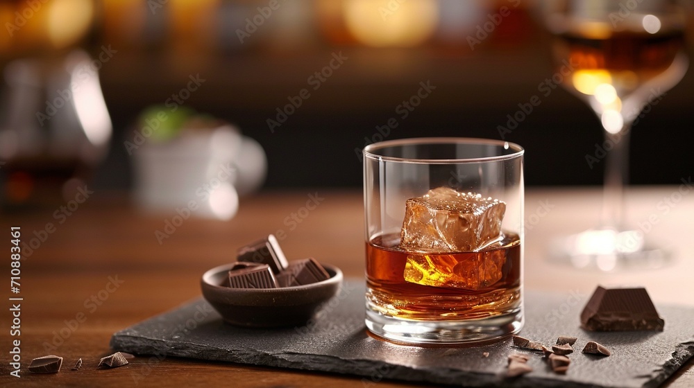 Brandy on the rocks accompanied by a small dish of gourmet chocolate, highlighting the indulgent pairing of rich flavors. [Chocolate pairing brandy on the rocks]