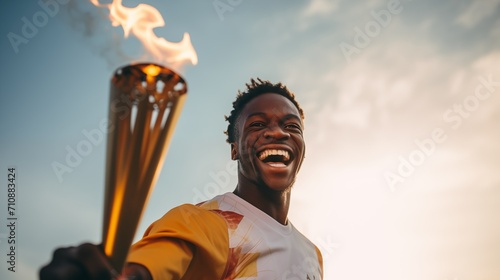 A happy smiling athlete, a black man, solemnly carries the Olympic flame against the sky