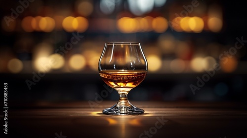 Moody shot of a brandy glass placed on a dark wooden surface with minimal lighting, creating a sense of mystery and sophistication. [Moody sophistication brandy on the rocks]