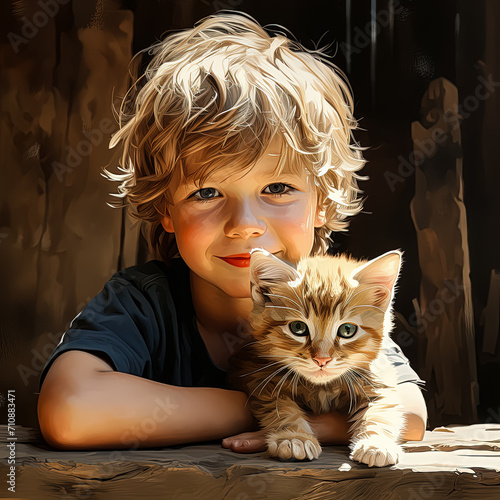 Two red-haired friends - a boy and a cat. Storybook illustration.