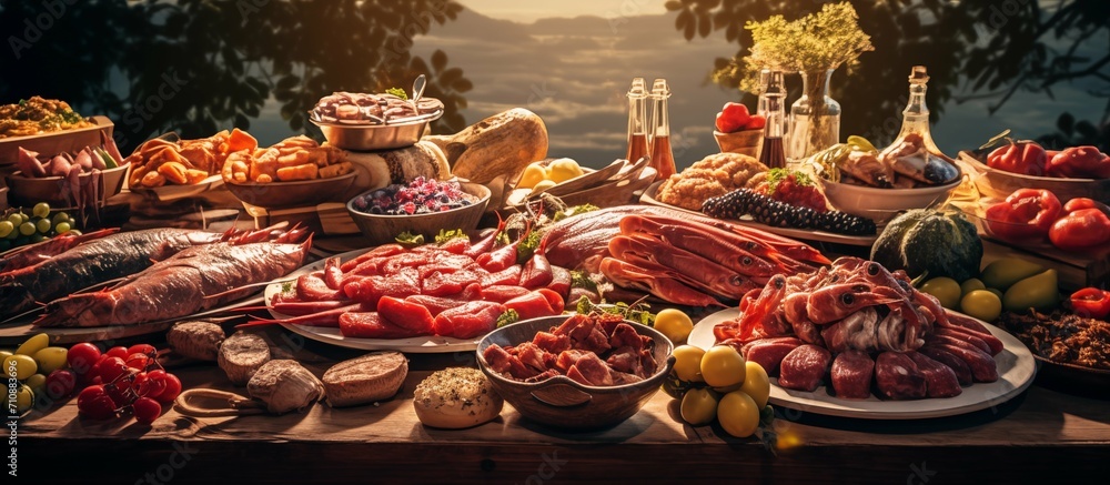 Abundance of meat and fish with fruits and vegetables lying on the table in nature Abundance of meat and fish with fruits and vegetables lying on the table in nature