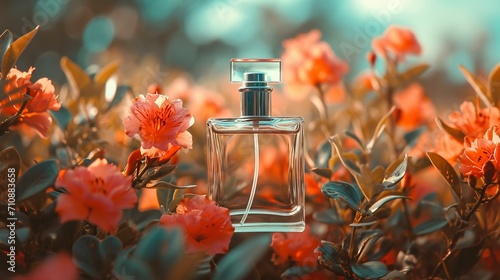 Use manual focus to ensure the perfume bottle is sharp and stands out against the floral background.