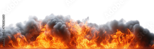 Fire flames and black smoke burning isolated on white transparent, wide panorama, PNG