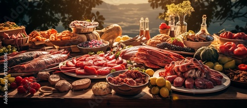 Abundance of meat and fish with fruits and vegetables lying on the table in nature