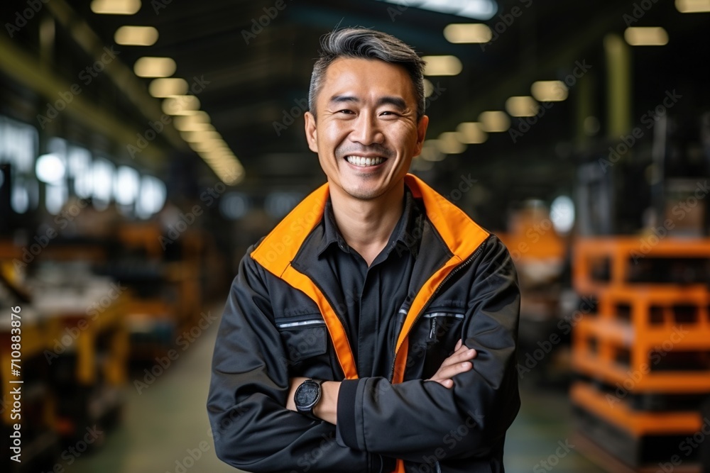 Fototapeta premium Portrait of a smiling Asian man in a factory