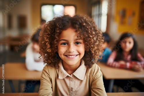 Portrait of a happy school girl with curly hair sitting in a classroom