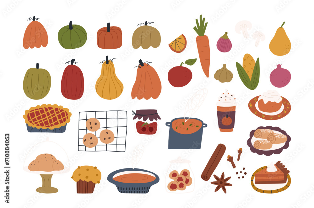 Set of various autumn foods in hand drawn flat style, isolated on white background. Thanksgiving holiday and fall harvest. Cute pumpkins, apple pie, pumpkin soup, cookies and pumpkin spice latte.
