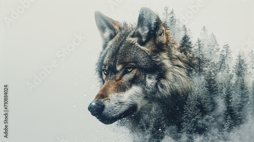double exposure, wolf, wintery forest