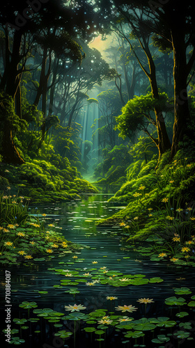 A painting of a stream running through a forest  a storybook illustration  fantasy art  poster art.