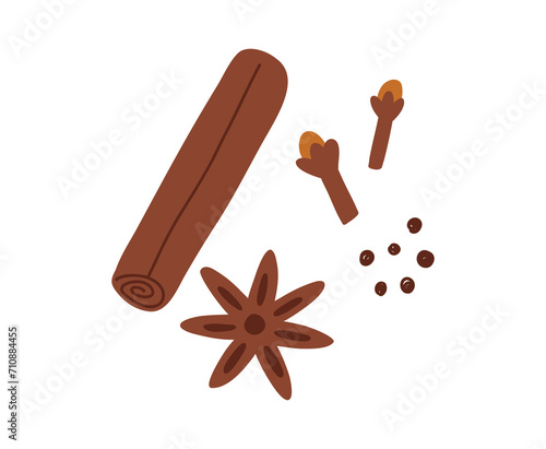 Hand drawn cinnamon stick, star anise and cloves in cute flat style, vector illustration isolated on white background. Aromatic autumn and winter spices.