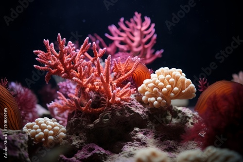 A coral garden featuring exclusive shapes and textures  highlighted by a deep black background