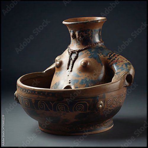 uman shaped pottery vessel used in ceremonies to serve drinks or to offer liquids to the gods from the bronze age. Clay pot on a gray background. Ceramic pottery. photo