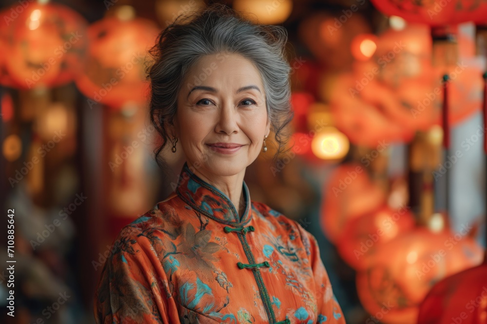 Old asian woman on Lunar New Year celebration with Chinese lights Old asian woman on Lunar New Year celebration with Chinese lights