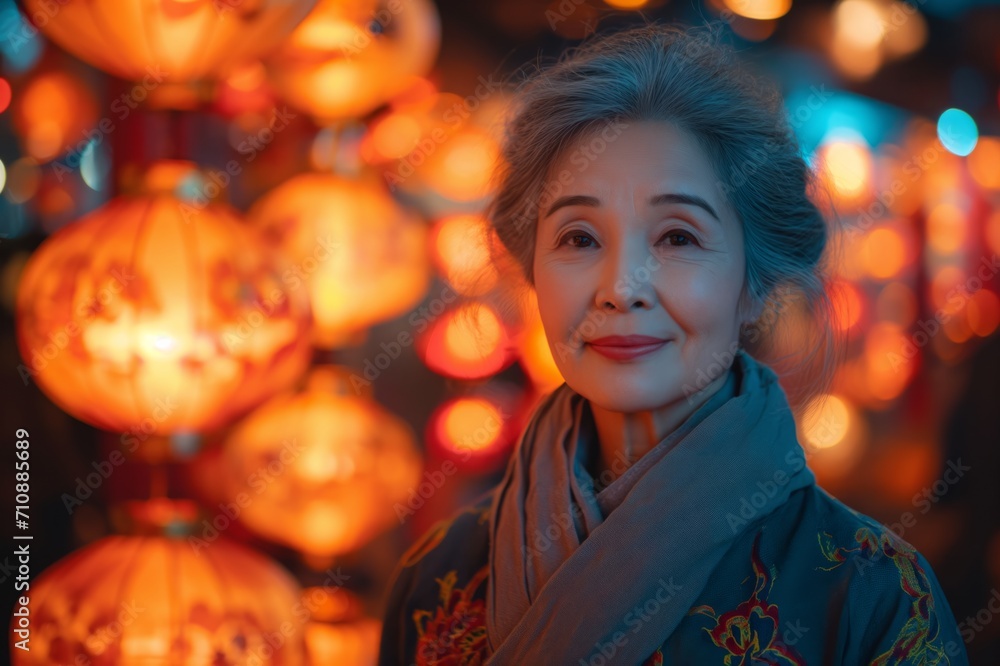 Old asian woman on Lunar New Year celebration with Chinese lights