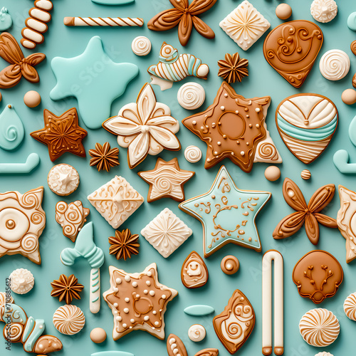 Seamless pattern with gingerbread cookies and sweets on blue background