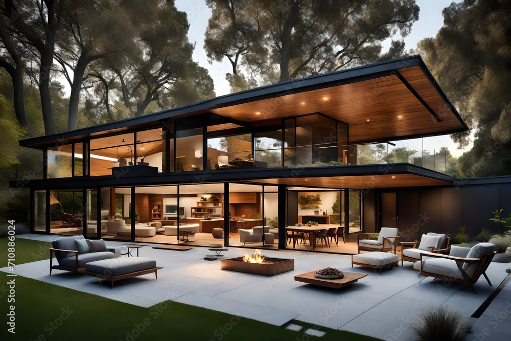 A mid-century modern residence with clean lines, a flat roof, and expansive glass walls opening up to a backyard deck with outdoor seating and a fire pit. A mid-century modern residence with clean lines, a flat roof, and expansive glass walls opening up to a backyard deck with outdoor seating and a fire pit.